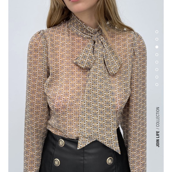 Zara Tops - NWT ZARA PRINTED SHIRT METALLIC TIE PUSSYCAT BOW SMALL